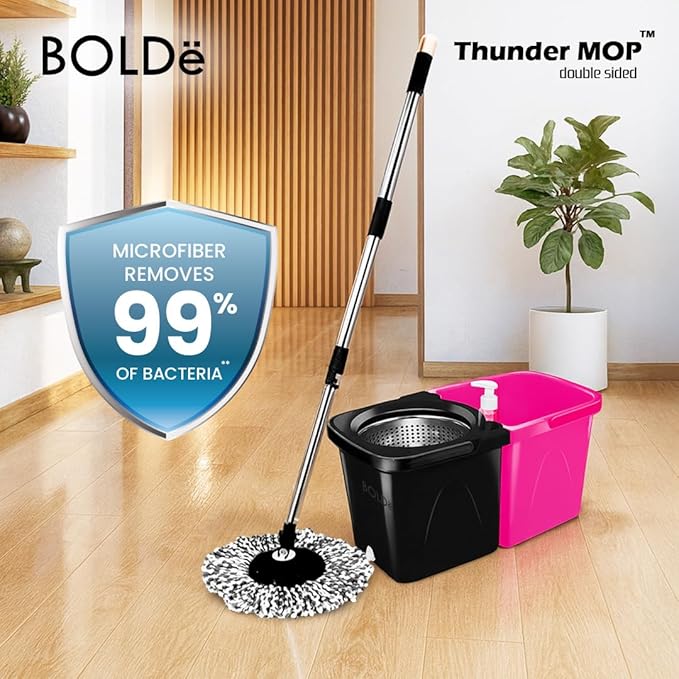 Thunder Mop Spin System - 2 Compact Stackable 6L Buckets, Microfiber Head, Stainless Steel Wringer, Antifungal Quick-Dry Cleaning, Soap Dispenser, 3 Free Refills (Black/Pink)