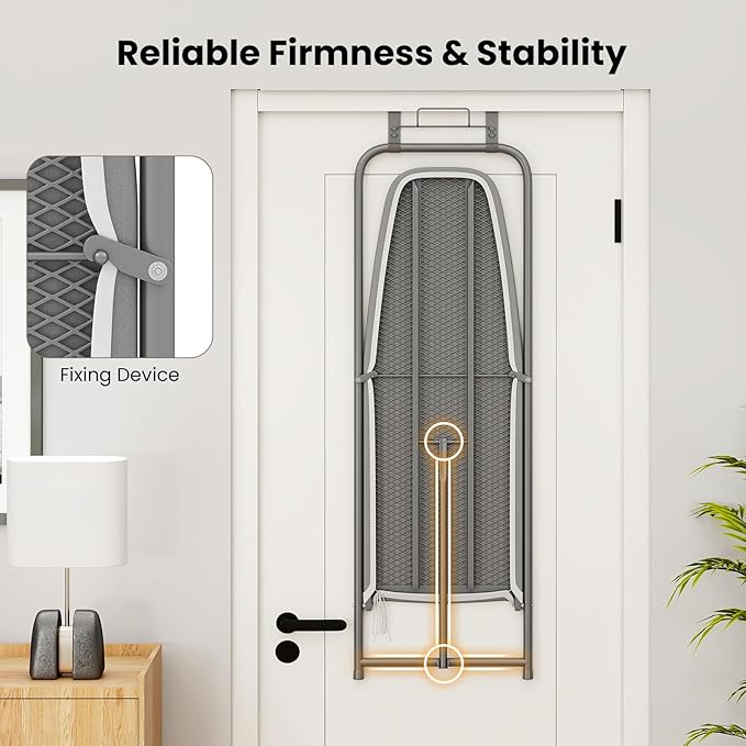 COSTWAY Over The Door Ironing Board, Space-Saving Metal Hanging Ironing Board with Iron Holder & Cotton Cover, Compact Fold Down Iron Stand for Home, Apartment, Laundry Room, Dorm, Gray