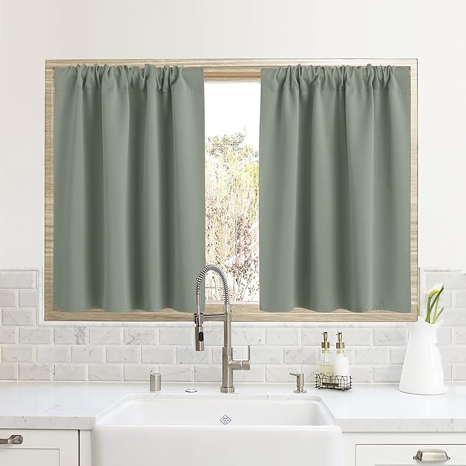 RYB HOME Blackout Curtains for Small Window - Thermal Insulated Privacy Curtains Shades for Kitchen Bathroom Cafe Dorm Loft, W 29 x L 45 inch per Panels, Sea Green, 2 Pcs
