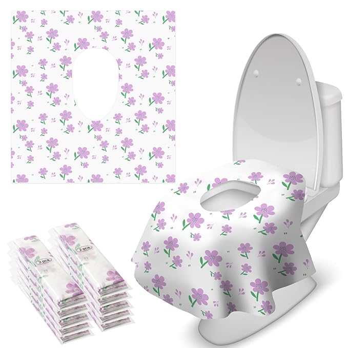 Blissful Diary 20 Pcs Toilet Seat Covers Disposable for Toddlers & Adults, Extra Large Waterproof, Portable Package for Travel, Kids Potty Training(Purple Flowers))