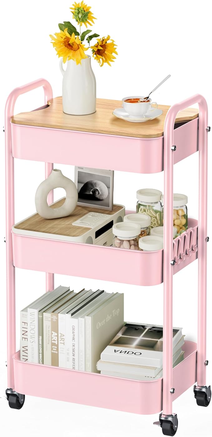 3 Tier Rolling Cart with Table top, Metal Rolling Utility Cart, Sturdy Storage Organizer Cart with Locking Wheels & Hooks for Office, Classroom, Kitchen and Bathroom，Pink