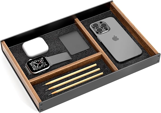 UPERGO Desk Drawer Organizer Tray, Mens Valet Made of Aluminum and Walnut, Aesthetic Desk Accessories for Office Home Supplies