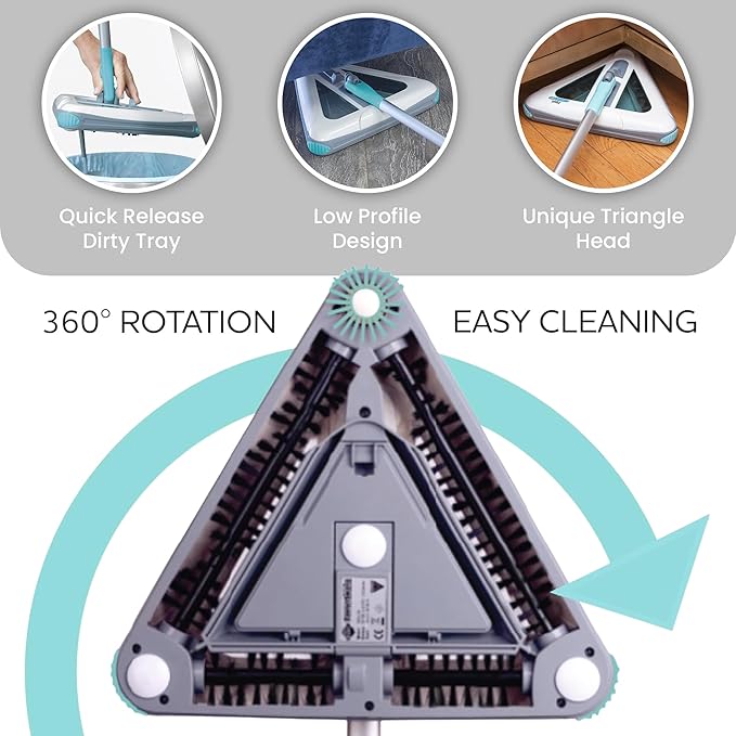 Zippi Sweeper Pro - 2025 New and Improved Lightweight Sweeper, Perfect for Short Carpet Hardwood and Tile, Triangular Design Allows for Sweeping in Corners, LED Light, 1 Hr Cleaning Time