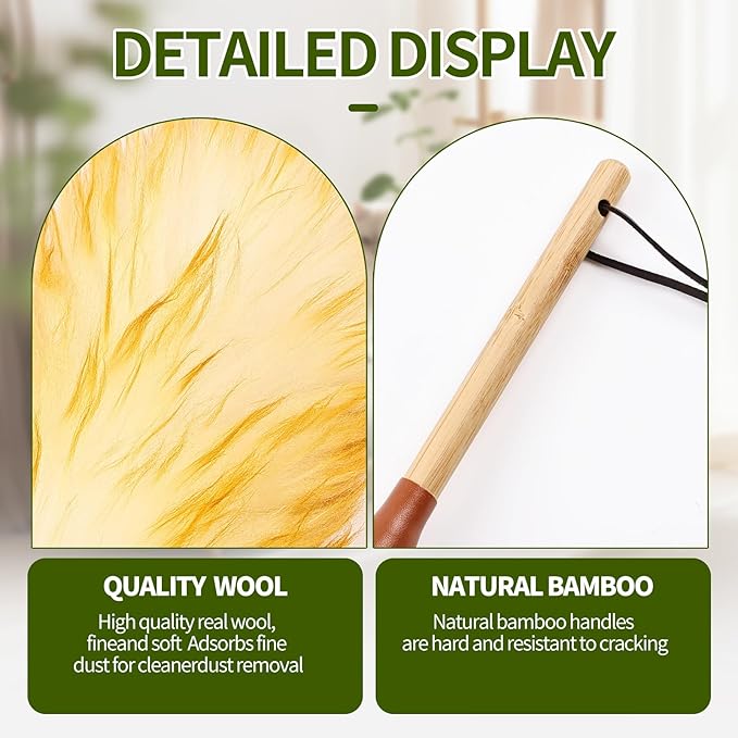 Natural Lambswool Duster 20 Inch Handheld with Wooden Handle Duster Dusting Tool for Blinds Electronics Furniture Delicate Surfaces (2Pcs)