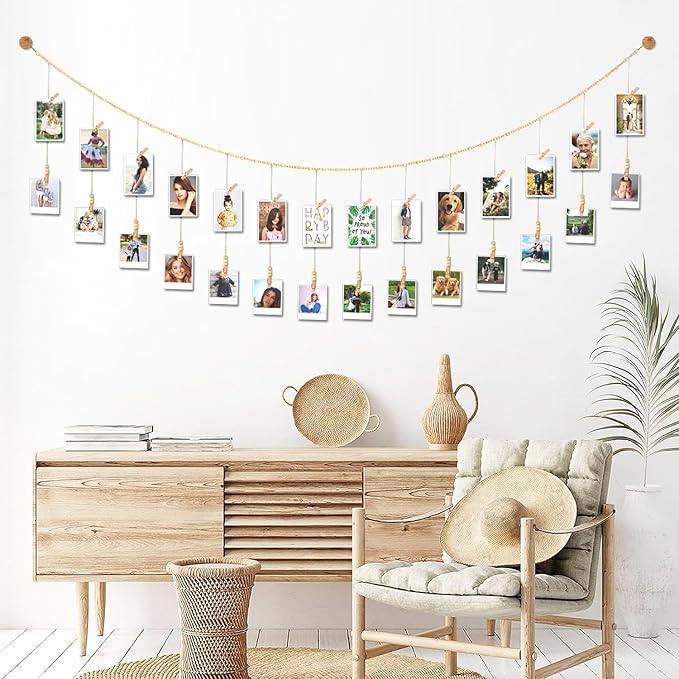 8 Feet Wooden Beads Garland with Clothespins Picture Cards Holder - Country Farmhouse Christmas Nursery Boho Holiday Decorations with Clips