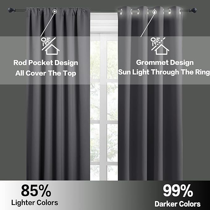 RYB HOME Blackout Curtains 63 inches Long - Energy Saving Insulation Large Window Curtain Blinds for Bedroom Living Room Dining Basement Home Office, W 62 x L 63 per Panel, Grey, 2 Pcs