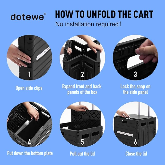Folding Utility Cart Black Portable Rolling Crate Handcart Foldable Shopping Trolley Collapsible, with Lid, on Wheels, for Grocery, Garden, Office, Storage, Teacher, Tool (Black)