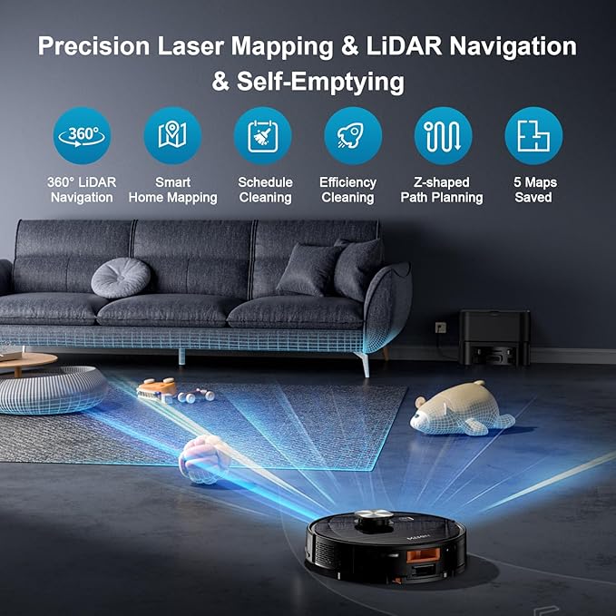 MAMNV Robot Vacuum and Mop, 11500 Pa Suction, 3-in-1 Robotic Vacuum with Smart LiDAR Navigation, 70 Day Self-Emptying,160 Min Runtime,App/Alexa/Voice Control, Ideal for Pet Hair, Carpet & Hard Floor