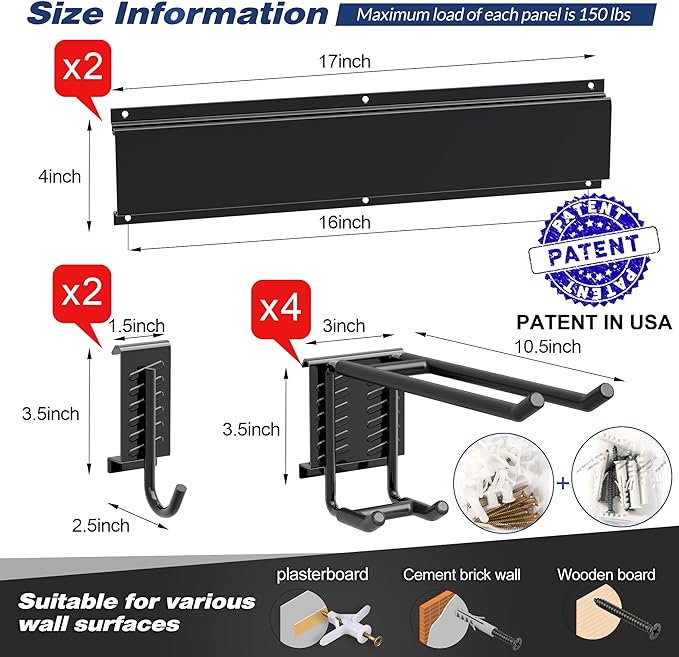 Garage Tool Storage Rack, Heavy Duty Garage Storage Organizer Rack System Wall Mounted Tool with 6 double hooks, 2 rails, Garden Yard Tools Hanger Rack for Ski Gears, Broom, Rake,Shovel