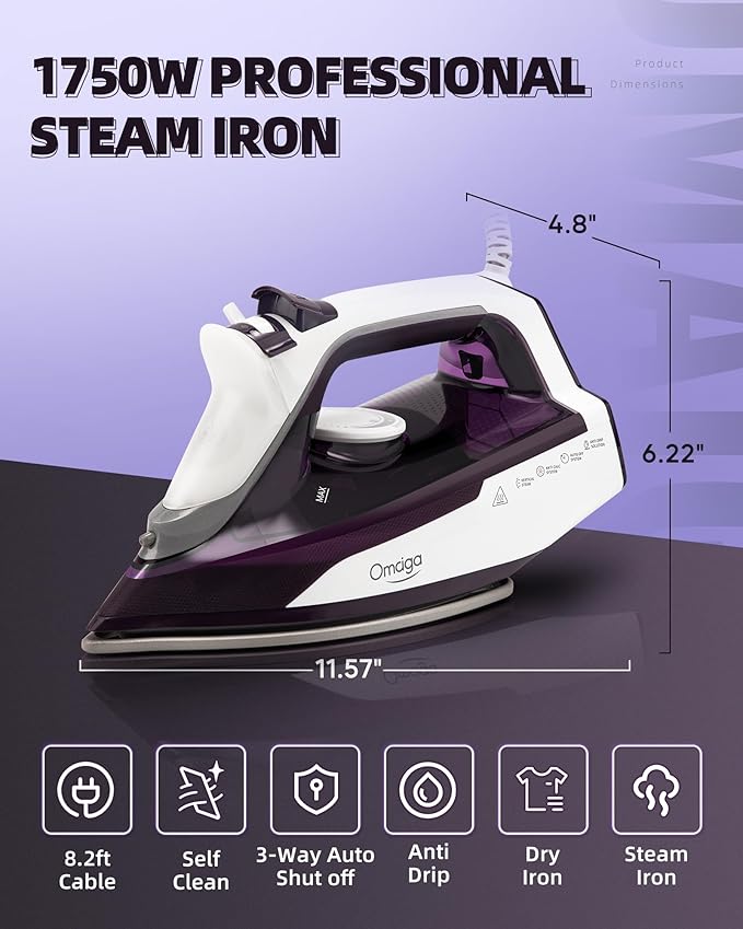 Steam Iron for Clothes - 1750W Iron with Upgrade Double-Layer Ceramic Soleplate, Burst of Steam, 3-Way Auto-Off, Self-Cleaning, Anti-Calc, 13.5oz Water Tank Ironing Clothes for Home, Purple