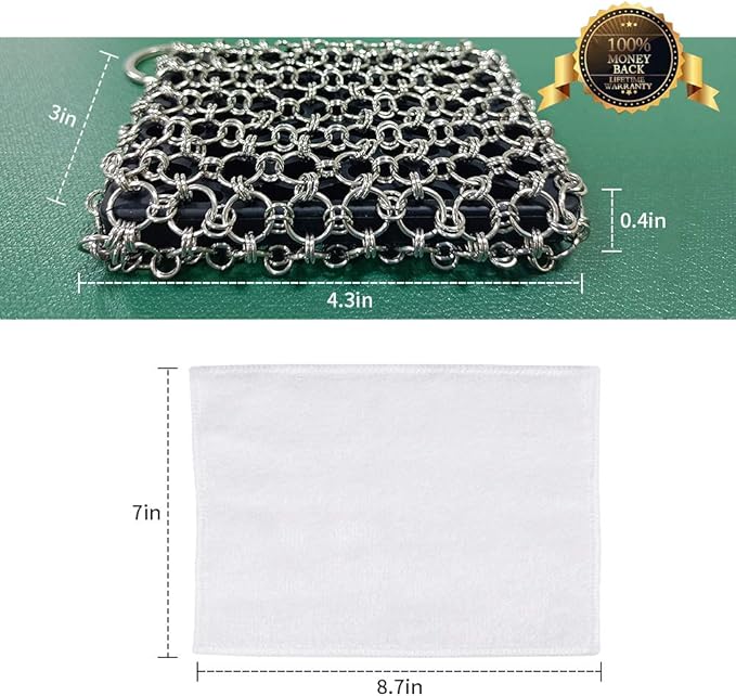 Herda 316L Cast Iron Scrubber Cleaner, Large Chainmail Scrubber for Cast Iron Pan - Chain Mail Scrubber Cast Iron Sponge - Metal Cast Iron Skillet Scrubber, Wok, Dutch Oven Cast Iron Cleaning Kit