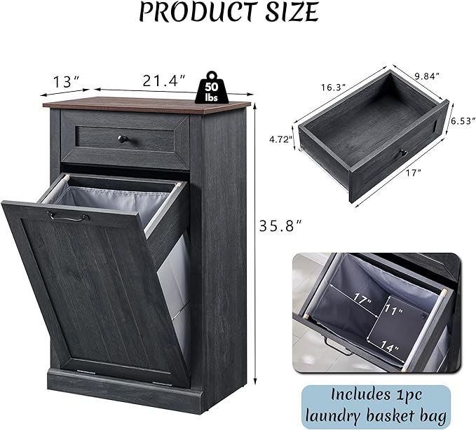 Tilt Out Laundry Hamper Cabinet, 10 Gallon Farmhouse Trash Can Cabinet with Drawer, Hidden Wood Garbage Can Bin Cabinet with Laundry Storage Basket for Bathroom, Kitchen, Dark Grey