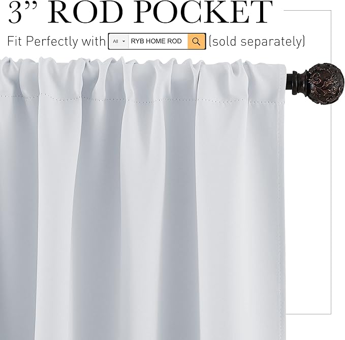 RYB HOME White Curtains for Small Window Energy Efficiency Room Darkening Curtains for Kids Nursery/Dining Room/Bathroom, W 29 x L 24 inch per Panel, Grayish White, 2 Panels