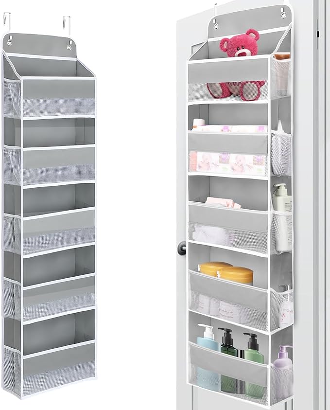 QINGUANG Over The Door Organizer,Hanging Organization And Storage, Behind Door Organizer with Side Pockets, 44 lbs Capacity,Anti Tilt, for Nursery, Bathroom, Bedroom,Dorm (5-Shelf)