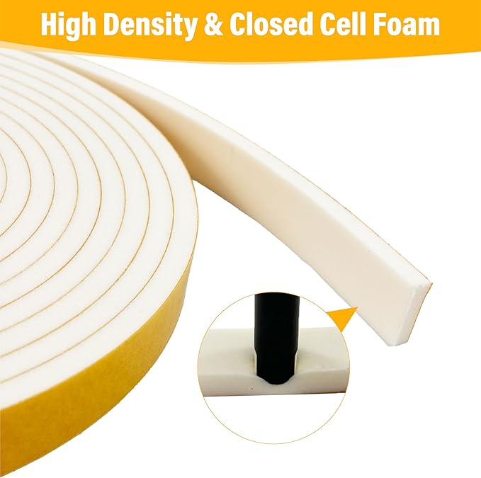 Weather Stripping Foam Tape, 17 Ft Door Seal Strip, EVA Material, High Density 1/4" Thick, No Residue Adhesive, Weatherproof Door Seal Strip for Sliding Door, Windows, White (1" Wide)