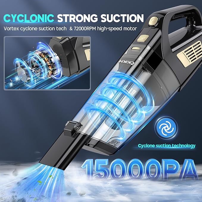 Handheld Vacuum Cordless, 15000PA Strong Suction Hand Held Car Vacuum Cleaner Portable with Multi-Nozzles & Washable Filter, Lightweight Dust Busters Rechargeable for Home, Car, Office, Pets
