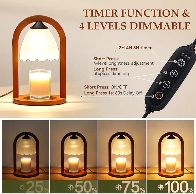 Candle Warmer Lamp with Timer and Dimmer，Electric Candle Lamp Warmer for Jar Candles，Birthday Gifts for mom and Women, Bedroom Home Decor，Melt Warmer for Scented Wax with 3 Bulbs( Retro Wooden Base)