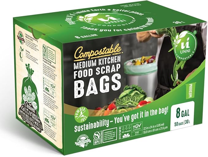 UNNI Compostable Trash Bags, 8 Gallon / 30 Liter, 100 Count, Extra Thick 0.85 mil Medium Kitchen Food Scrap Bin Liners, Certified by BPI, CMA & OK compost HOME, Meets the ASTM D6400 Standard