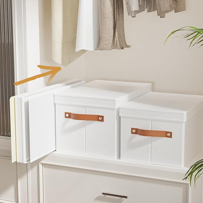 Fabric Storage Bins, 7.1 x 9.1 x 13 Inch Clothes Boxes for Shelves with Lids, Baskets for Organizing with Handles, Decorative Linen Closet Organizers, White, 1 Pack