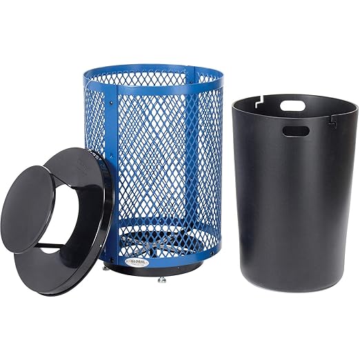 Global Industrial Outdoor Diamond Steel Trash Can with Rain Bonnet Lid, Raised Base and Plastic Liner, 36 Gallon Capacity, Blue, Thermoplastic Coating, 23-1/2" Diameter, 43-1/2"H