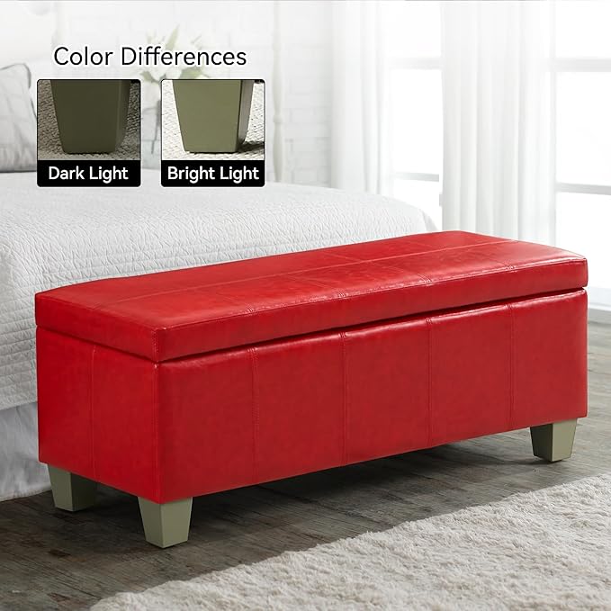41" Faux Leather Storage Ottoman, Stitch Tufted Rectangle Upholstered End of Bed Storage Bench, Entryway Large Couch Ottoman with Wooden Legs,Red