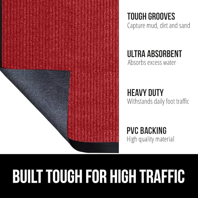 GORILLA GRIP Traffic Guard Door Mat, 59x24, Heavy Duty Welcome Mats, Commercial Office Space Doormat, Waterproof, Fade Resistant, Strong Rubber Backing, Low Profile, Shoe and Boot Scraper, Red