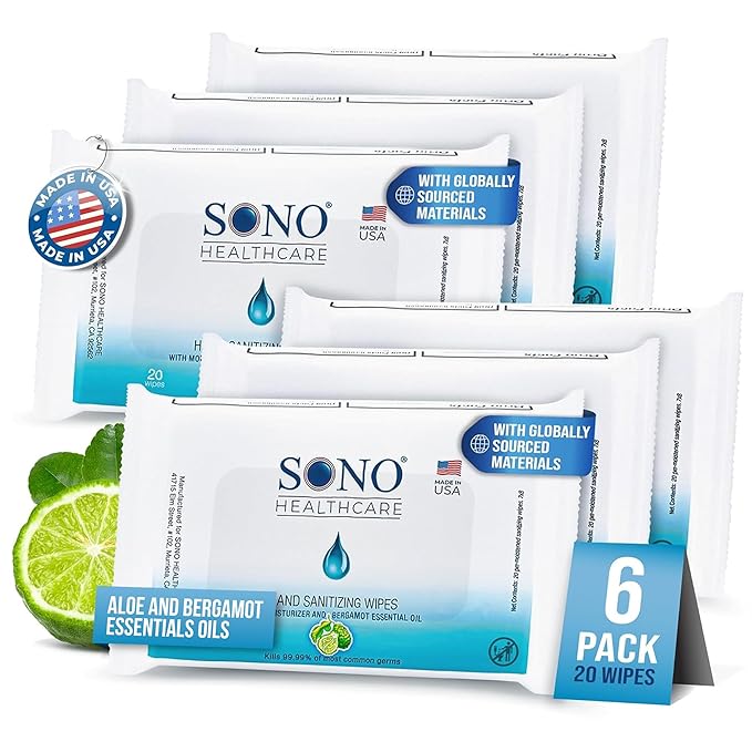 SONO Alcohol-Free Sanitizing Hand Wipes with Bergamot & Aloe Essential Oil - Hospital-Grade Disinfectant - Individually Wrapped Travel Size - 6 Packs of 20 - Gentle Cleaning & Germ Protection Anywhere