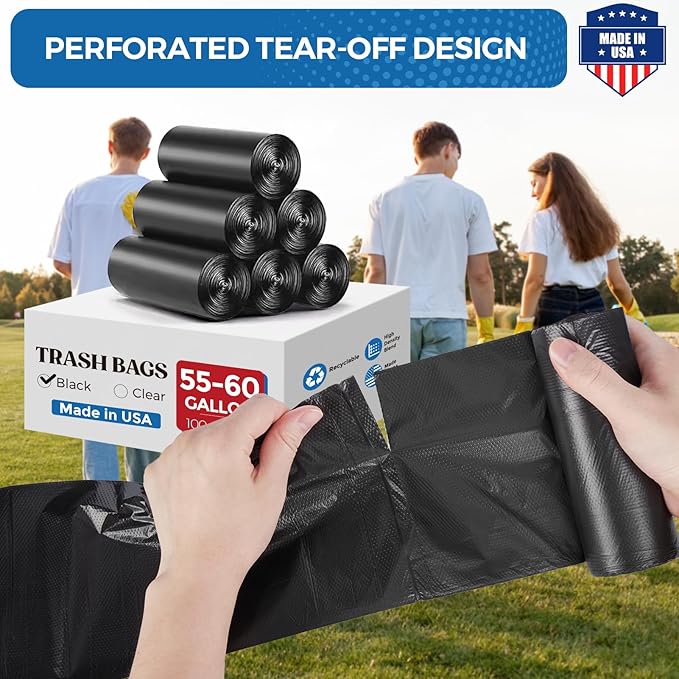 Fuxury 55-60 Gallon Trash Bags Heavy Duty, 150 Count Garbage Bags, 38 x 58" Extra Large Black Trash Bags, 0.7 Mil Plastic Bags for Serious Garbage Cleanup, Made in USA