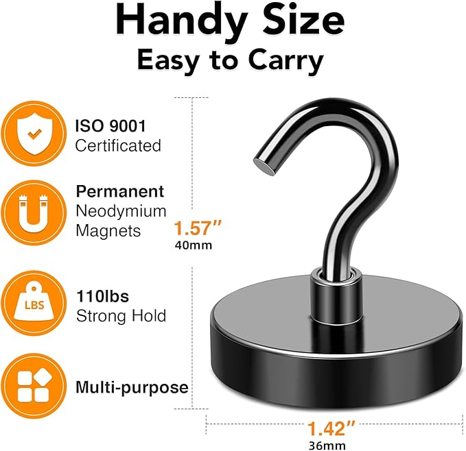 MIKEDE Magnetic Hooks, 150LB Super Strong Magnet Hooks Heavy Duty for Cruise Essentials, Black Neodymium Earth Magnets with Hook for Hanging, Magnetic Metal Hanger for Fridge, Toolbox - 4 Pack