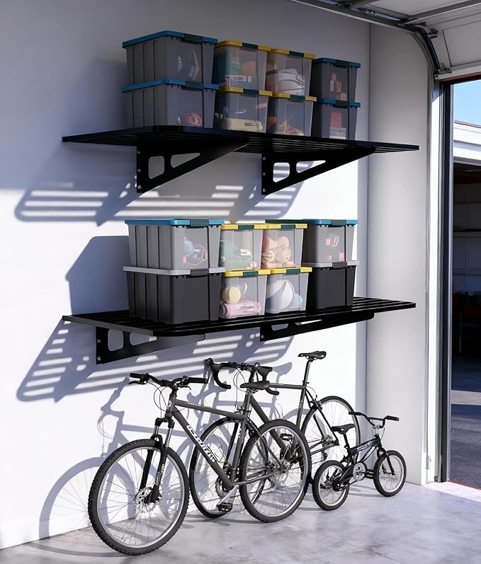 2-Pack 2x4ft Garage Wall Shelving, 2 Shelf Total 8 ft(L) Garage Wall Storage, Heavy-Duty Storage Shelves, Perfect for Holding Storage Bins, Boxes, Sporting Goods, Tools, and More. Space-Saving