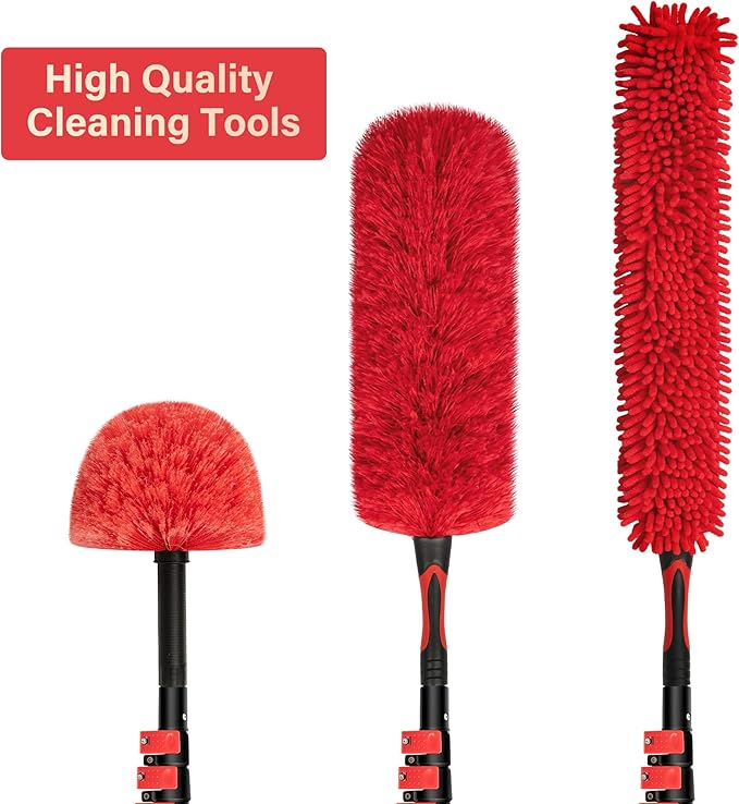 5-12 FT Extension Pole with 2 Outdoor Cobweb Brushes, 20 FT High Reach Ceiling Fan Cleaner Duster for Home, 12 FT Extendable Pole with 4 Pcs Dusting Tools, Cubweb Dusters, Feather Dusters, Fan Duster