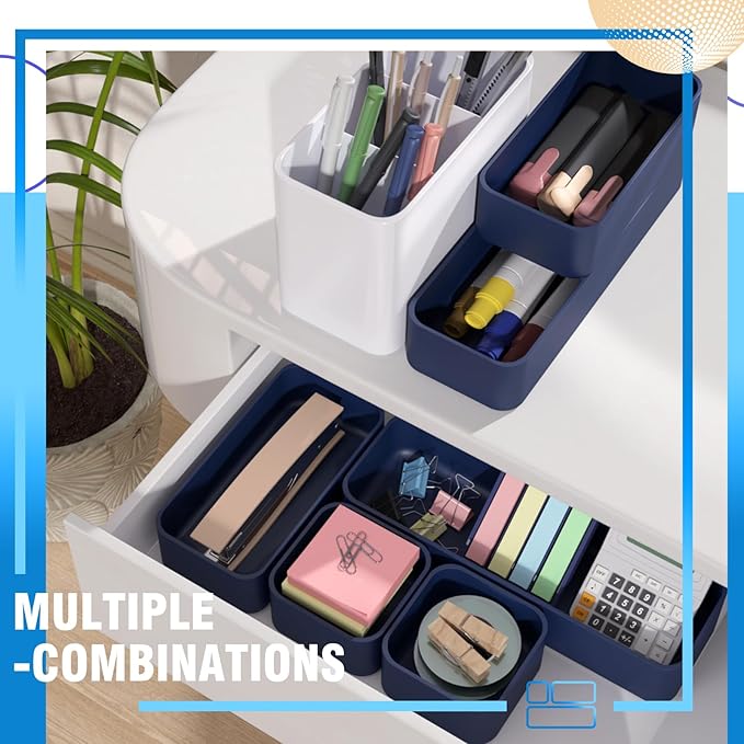 11-Piece Stackable Drawer Organizer Set, Multi-size Desk Drawer Organizer Trays Vanity Storage Bins for Storing Makeup, Stationery, Utensils in Bathroom Dresser, Office and Kitchen
