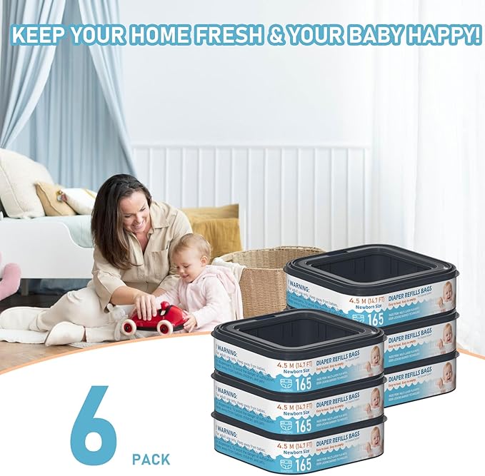 Square Starter Refills Disposal Bags Refill Compatible with Diaper Genie Compact and Select Pails (Not Fit Classic Version Pails), Hold Up to 165 Newborn-Sized Diapers Per Refill, 6 Pack