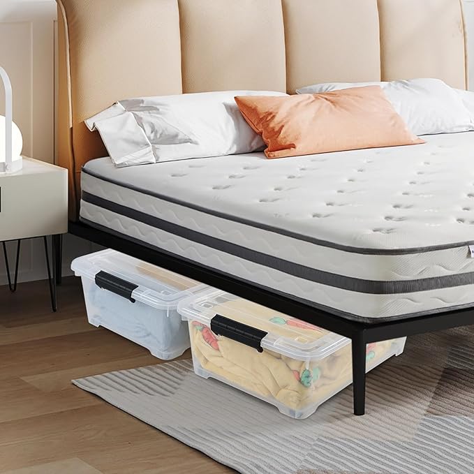 4 Pack 20 L Plastic Under Bed Storage Box with Lid, Clear Plastic Storage Bins Under Bed with Wheels