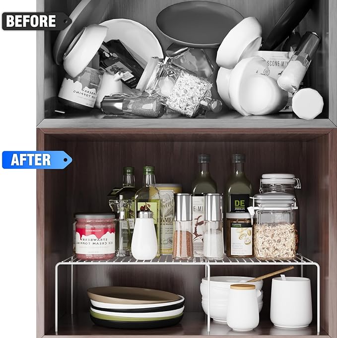 Expandable Storage Shelf, Pantry Organizers and Storage, Adjustable Rustproof Metal Wire Spice Rack, Space Saver Kitchen Storage Shelves for Pan, Pot, Countertop, Drawer, Fridge, Set of 4, White