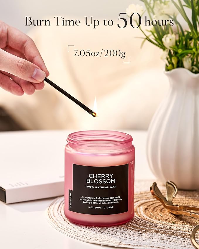M&SENSE Cherry Blossom Scented Spring Candle, Best Smelling Stress Relief Aromatherapy Candle, 50 Hours 7.05oz Natural Soy Wax Romantic Candle Gifts for Women & Home Decor
