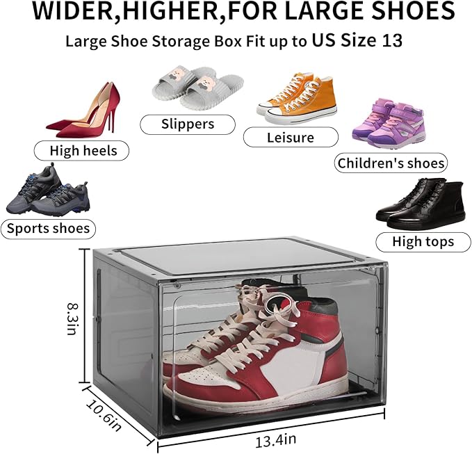Large Shoe Boxes Clear Plastic Stackable, 8 Pack Drop Side Shoe Storage Boxes with Magnetic Door, Shoe Storage Organizer Sneaker Storage Display Fit up to US Size 13 Black