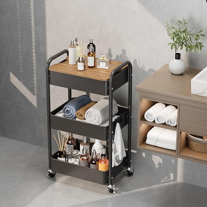 3 Tier Rolling Cart with Table top, Metal Utility Cart, Sturdy Storage Organizer Cart with Locking Wheels & Hooks for Office, Classroom, Kitchen and Bathroom