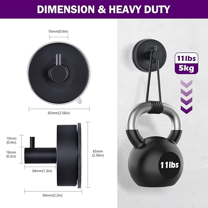 JOMOLA Stainless Steel Bathroom Suction Hooks - No Drill Adhesive-Free Wall Mount for Shower, Towel & Robe, Rustproof Metal Hardware with Damage-Free Grip, Matte Black (2-Pack)