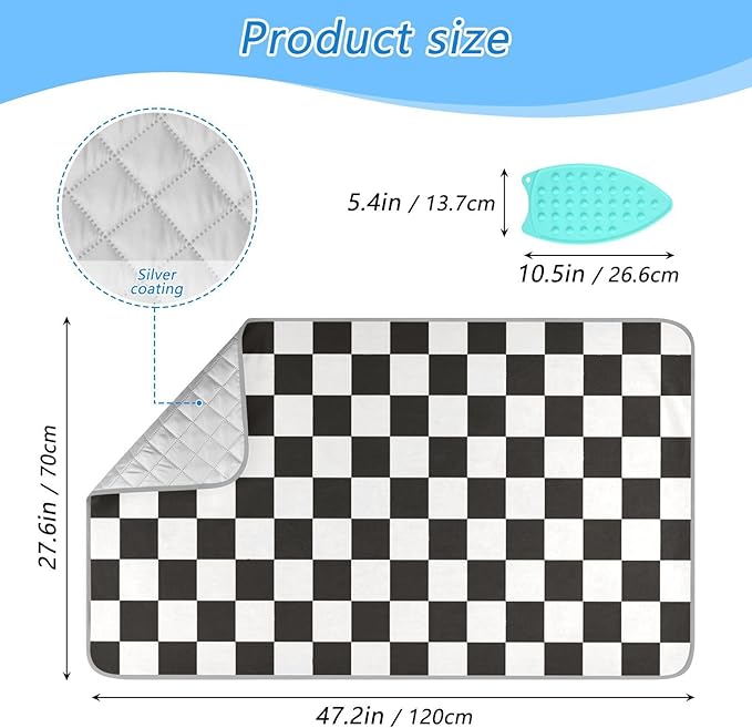 Checkered Black Ironing Mat Thickened Ironing Blanket Travel Portable Double-Side Using Ironing Pad Travel Isolate Heat Pad Cover for Washer Dryer Table Top Countertop 27.6x47.2in