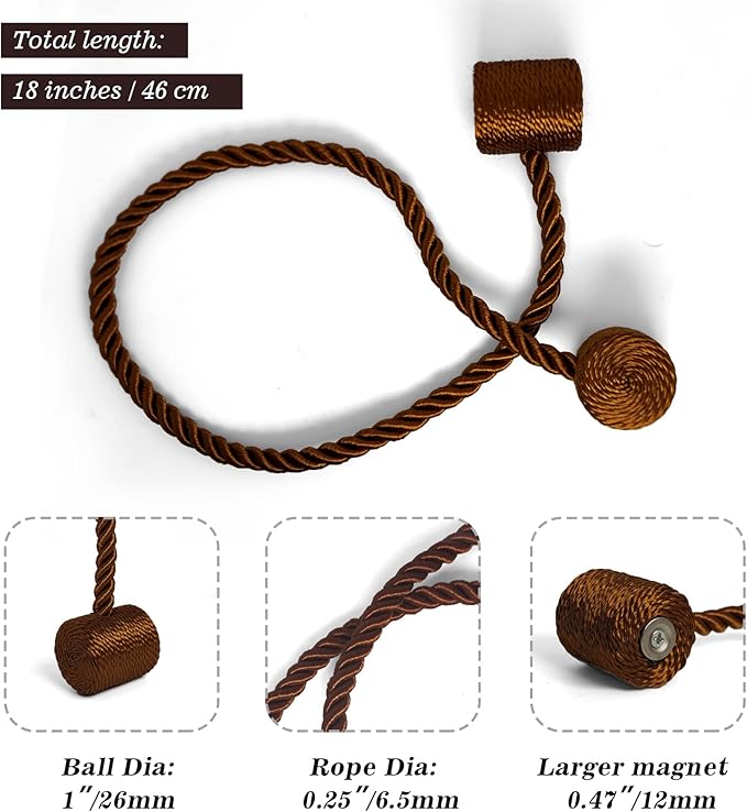 Hion Magnetic Curtain Tiebacks Dark Brown 2pcs, Curtain Tiebacks Buckles Holdbacks Holders Hooks Clip for Home Bedroom Office Decorative Curtain
