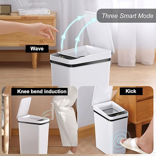Yatmung 2.5 Gallon Smart Trash Can Sensor Motion - Touchless Bathroom Trash Can - Skinny Trash Bin with Lid - Electric, Narrow, Plastic, Auto Open - Small Slim Automatic Garbage Can (White)