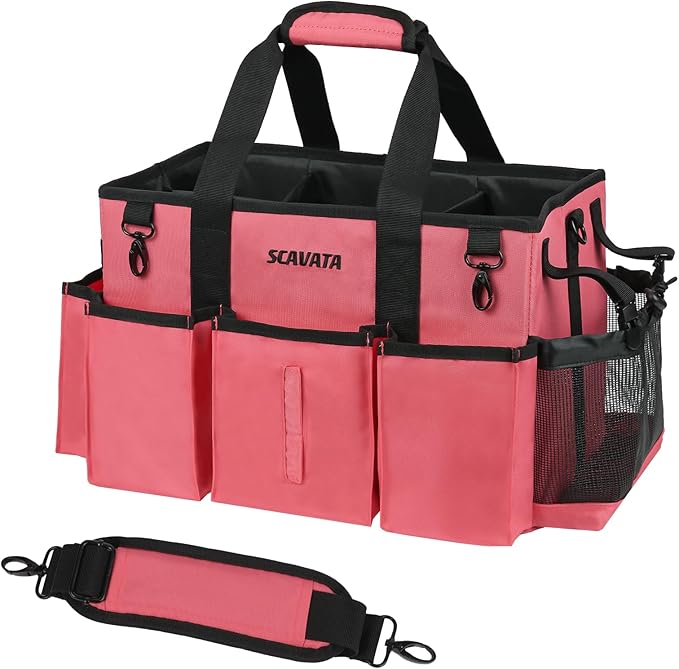 Wearable Cleaning Caddy Bag, Cleaning Caddy Supplies Organizer with Handle & Shoulder Straps for Housekeepers, Under Sink & Car Cleaning Tool Organizers with 4 Foldable Divider (RoseRed)
