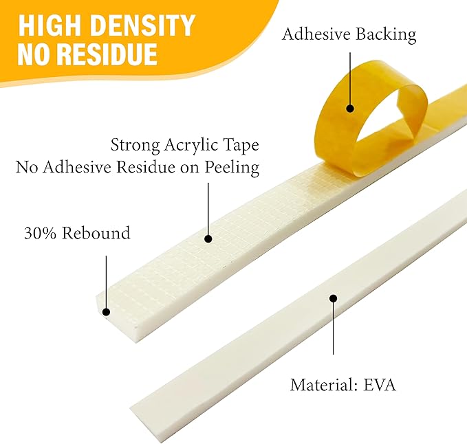 Weather Stripping Foam Tape, 17 Ft Door Seal Strip, EVA Material, High Density 1/4" Thick, No Residue Adhesive, Weatherproof Door Seal Strip for Sliding Door, Windows, White (3/8" Wide)