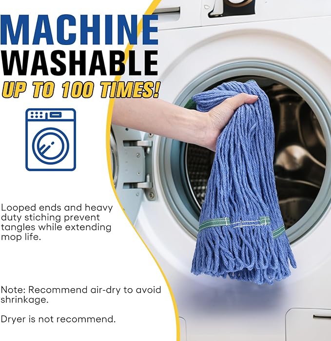 Matthew Cleaning Commercial Mop Head Replacement, 5 Inch Wide Headband, Looped End Cotton Blend String Wet Mops for Floor Cleaning, 28 oz Extra Large, 3-Pack Blue