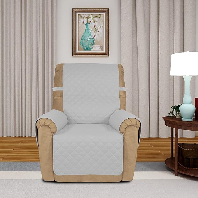 PureFit Reversible Quilted Sofa Cover, Water Resistant Slipcover Furniture Protector, Washable Couch Cover with Non Slip and Elastic Straps for Kids, Dogs, Pets (Small Recliner, Light Gray/Ivory)
