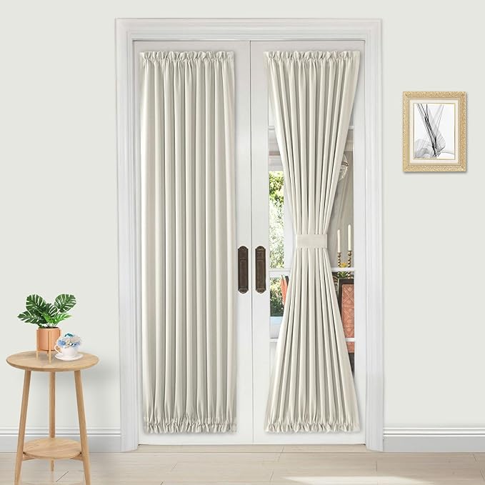 DWCN French Door Curtains – Rod Pocket Thermal Curtain for Doors with Glass Window, Kitchen and Patio Doors for Privacy, 36 X 72 Inches Long, 1 Curtain Panel with Tieback,Ivory