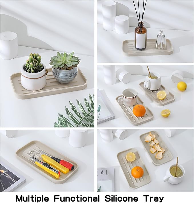 Silicone Kitchen Sink Organizer Tray for Multiple Usage,Eco-Friendly Sponges Holder for Kitchen Bathroom Counter or Sink,Dish Soap Dispenser,Scrubber,Bottle,Cup (Tapioca, 10"×5.3")
