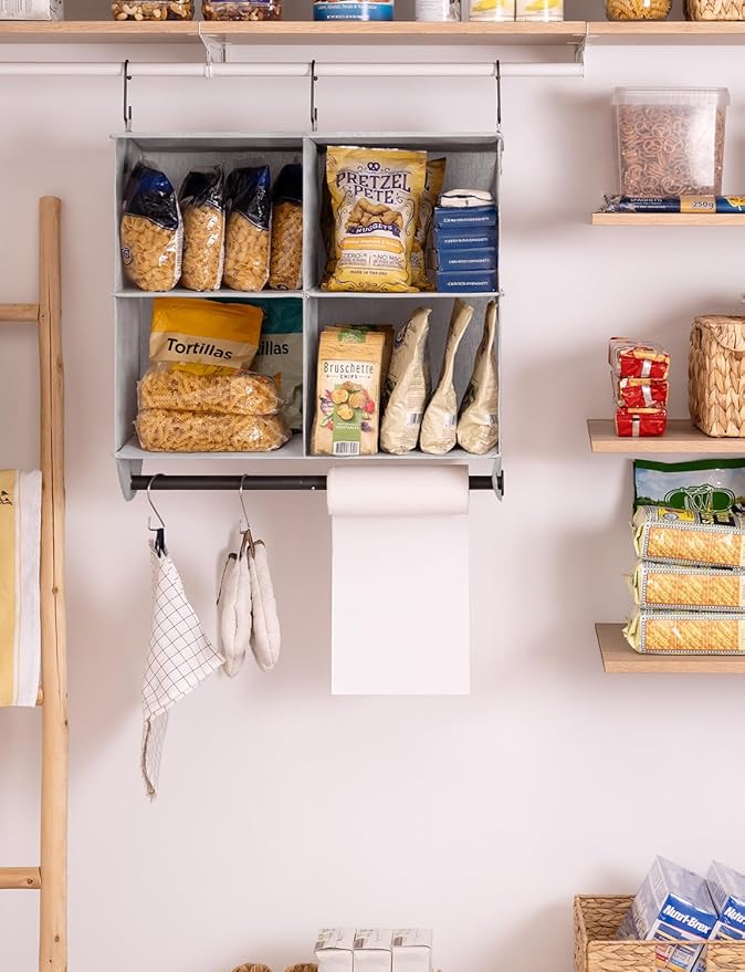 StorageWorks Hanging Closet Organizer with Metal Rod, 4-Section Closet Organizers and Storage, Collapsible Hanging Shelves for Closet, Bedroom, Kids Dorm Room, RV Camper, Gray and White