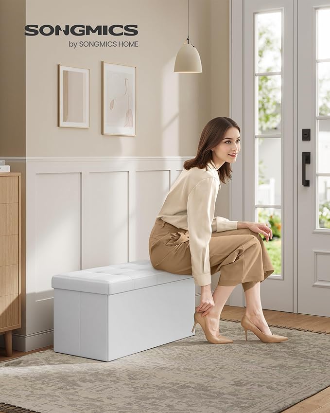 SONGMICS MAZIE Collection - 30 Inches Folding Storage Ottoman Bench, Ottoman with Storage, Foot Rest Stool, Load 660 lb, for Living Room, Synthetic Leather, White ULSF106